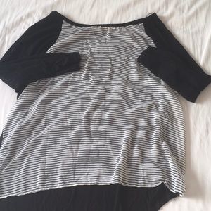 Quarter length sleeves, striped tee shirt.